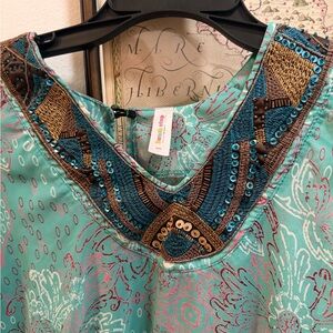 Embellished Turquoise V-Neck Tunic with Beaded Accents